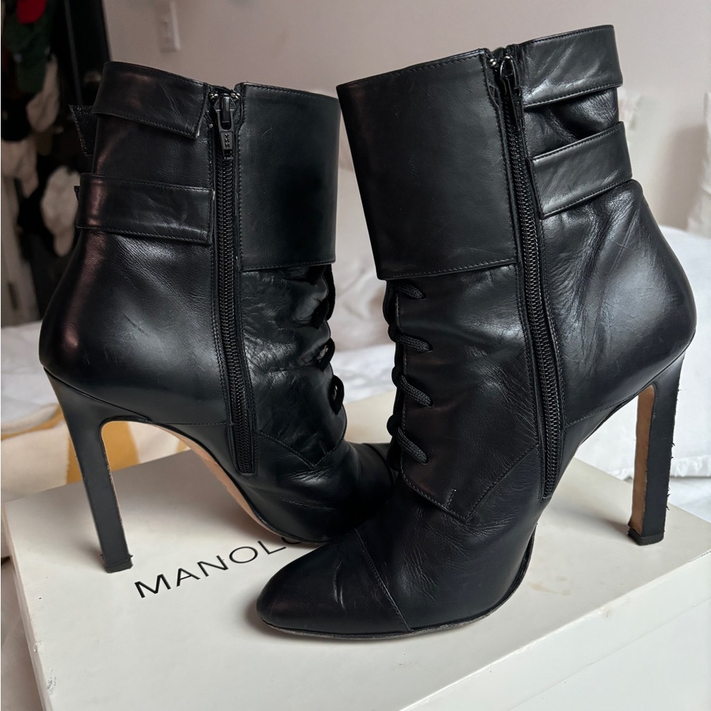 Manolo Blahnik Black Leather Tie Up Booties With Box and Dust Bag